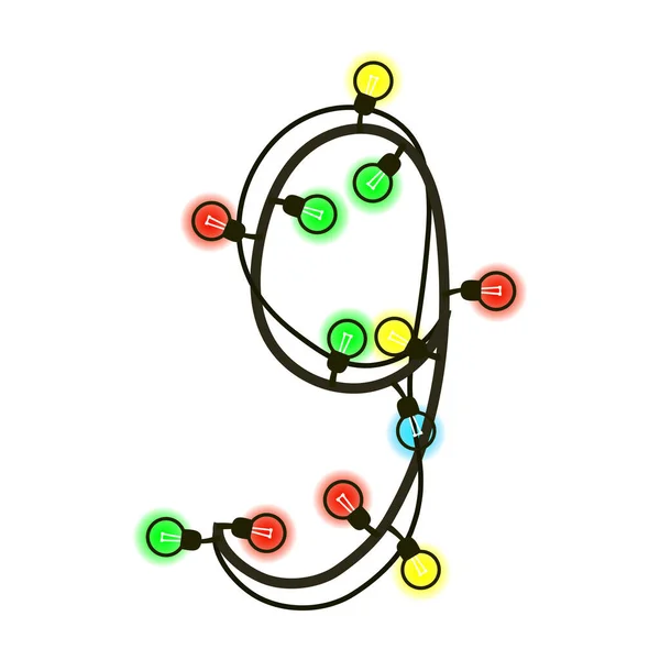 Vánoční Číslice Věnce Izolovaného Bílém Barevné Žárovky Drátech Ručně Psané — Stockový vektor