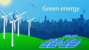 Çevre koruma için yeşil enerji kavramı. Yel değirmenleri ve elektrik üretmek için güneş panelleri yeşil çimlerin üzerinde duruyor. Şehir silüeti. Kuşlar güneşle birlikte mavi gökyüzünde uçarlar. Vektör EPS 10.