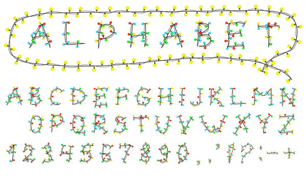 Латинский алфавит с гирляндой, изолированной на белом. Разноцветные лампочки на проводах. На Рождество и другие праздники. Векторная EPS 10
.