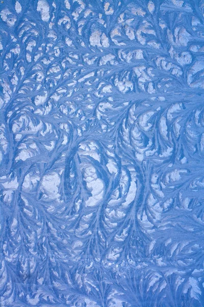 Ornate Drawing Frozen Window Frosty Pattern Glass Vertical — Stock Photo, Image