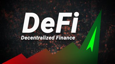 DeFi, popülerlik ve abartılma kazanan yerel bir finans şirketidir. Yeni finans sektörünün büyümesinin yeşil grafiği. Fintech kavramını tanımla. Yatay.