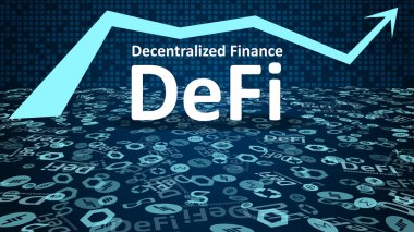 DeFi: Altcoin logoları ve koyu mavi arka planda yukarı ok sembollü merkezi olmayan finans. DeFi sektöründeki en büyük projelerin belirtileri. Gözetleme. Vektör EPS10.
