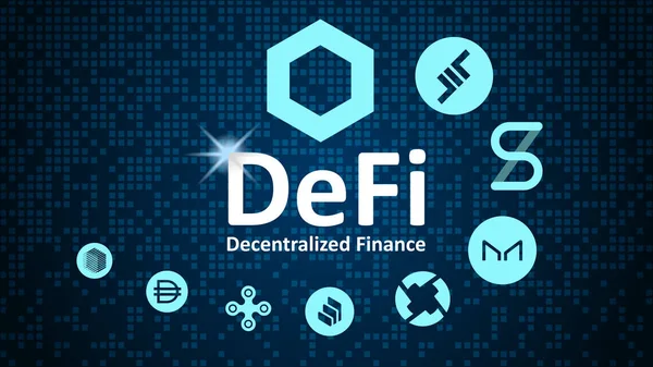 Defi Decentralizált Pénzügy Érmék Spirálban Defi Szektor Érméinek Logói Kék — Stock Vector