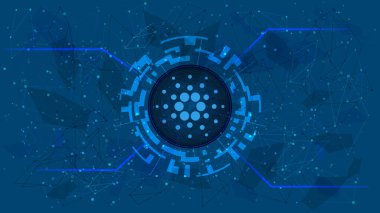 Mavi arka planda kripto para temalı dijital bir dairede Cardano sembolü. Madeni para ikonu. İnternet sitesi ya da afiş için dijital altın. Uzayı kopyala Vektör EPS10.