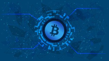 Mavi arka planda kripto para temalı dijital bir dairede Bitcoin sembolü. BTC madeni para simgesi. İnternet sitesi ya da afiş için dijital altın. Uzayı kopyala Vektör EPS10.