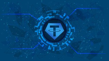 Bağlantı sembolü, USDT para simgesi, mavi arkaplan üzerinde kripto para birimi temalı dijital bir dairede. İnternet sitesi ya da afiş için fütürist tarzda dijital altın. Uzayı kopyala Vektör EPS10.