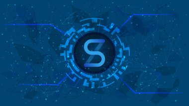 Synthetix Network Token DeFi projesinin sembolü mavi arka planda kripto para birimi temalı dijital bir çemberde. SNX şifreleme simgesi. Merkezi olmayan finans programları. Uzayı kopyala EPS10.