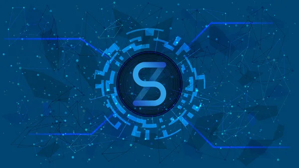 Synthetix Network Token DeFi projesinin sembolü mavi arka planda kripto para birimi temalı dijital bir çemberde. SNX şifreleme simgesi. Merkezi olmayan finans programları. Uzayı kopyala EPS10.