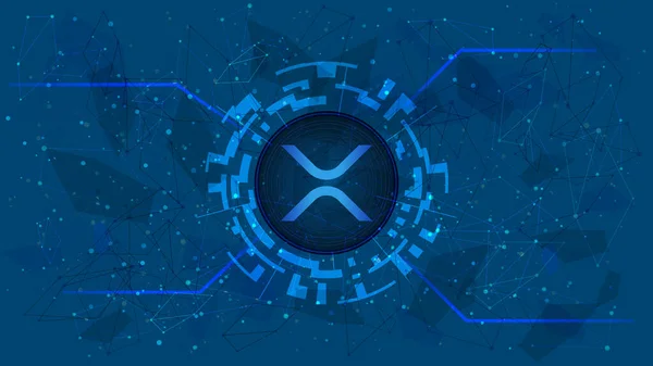 Dalga sembolü, XRP para simgesi, mavi arka planda kripto para temalı dijital bir dairede. İnternet sitesi ya da afiş için fütürist tarzda dijital altın. Uzayı kopyala Vektör EPS10.