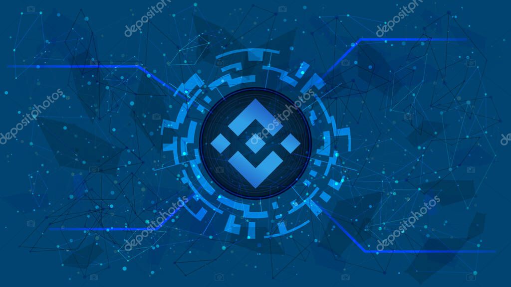 Binance Coin token symbol, BNB coin icon, in a digital circle with a cryptocurrency theme on a blue background. Digital gold in futuristic style for website or banner. Copy space. Vector EPS10.