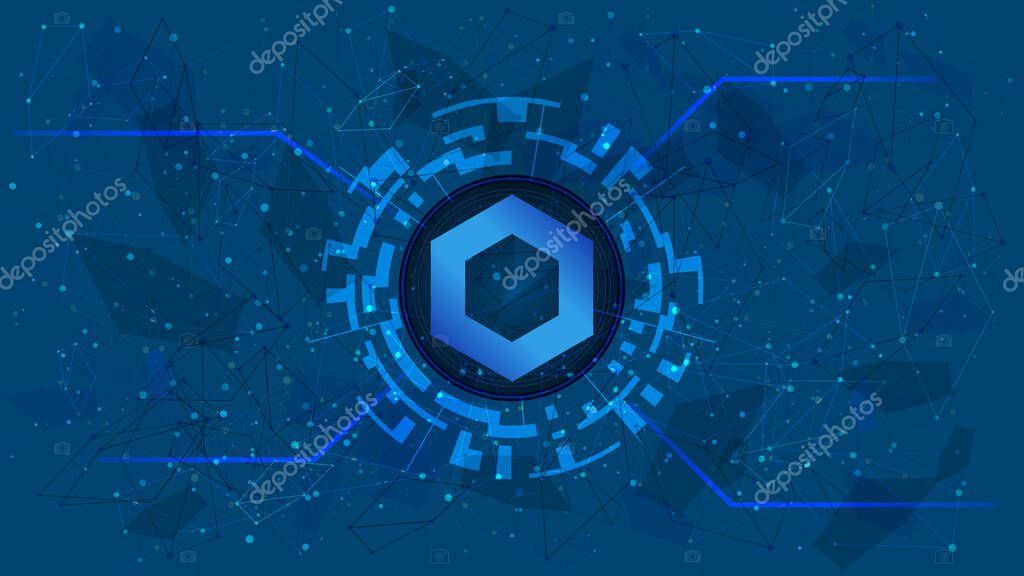 ChainLink token symbol of the DeFi project in a digital circle with a cryptocurrency theme on a blue background. Link cryptocurrency icon. Decentralized finance programs. Copy space. Vector EPS10.