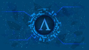 DeFi projesinin AMPL sembol sembolü mavi zemin üzerinde kripto para birimi temalı dijital bir çemberde. Kripto para birimi simgesi. Merkezi olmayan finans programları. Uzayı kopyala Vektör EPS10.