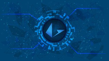 Mavi arkaplanda kripto para birimi temalı dijital bir dairede DeFi projesinin LRC sembol gösterimi. Kripto para birimi simgesi. Merkezi olmayan finans programları. Uzayı kopyala Vektör EPS10.