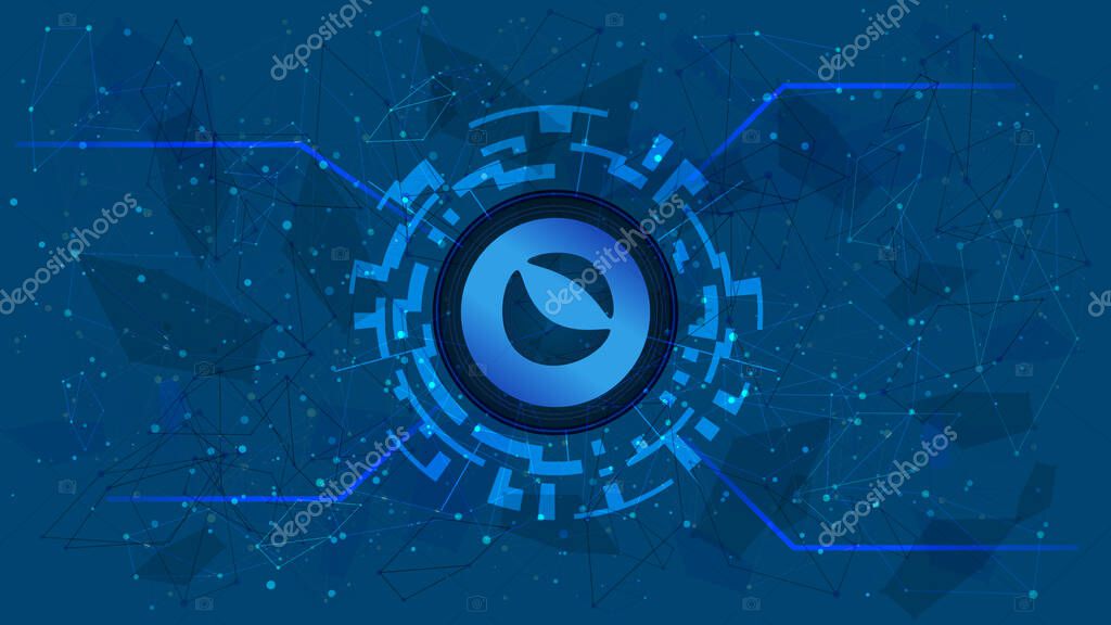 Terra LUNA token symbol of the DeFi project in a digital circle with a cryptocurrency theme on a blue background. Cryptocurrency icon. Decentralized finance programs. Copy space. Vector EPS10.