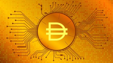 DAI şifreleme sembolü DeFi projesinin altın zemin üzerinde PCB izleri ile daire içinde. Para birimi simgesi. Merkezi olmayan finans programları. Vektör EPS10.