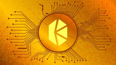 Kyber Network KNC şifreleme para birimi simgesi DeFi projesinin altın zemin üzerinde PCB izleri ile daire içinde. Para birimi simgesi. Merkezi olmayan finans programları. Vektör EPS10.