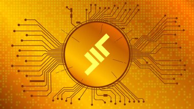 Altın zemin üzerinde PCB izleri olan DeFi projesinin LEND kripto para birimi sembolünü çember içine al. Para birimi simgesi. Merkezi olmayan finans programları. Vektör EPS10.