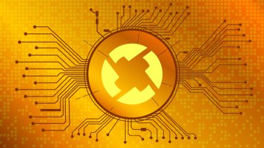0x ZRX şifreleme sembolü DeFi projesinin çember içinde altın zemin üzerinde PCB izleri olan sembolü. Para birimi simgesi. Merkezi olmayan finans programları. Vektör EPS10.