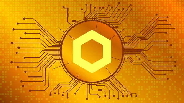 ChainLink LINK şifreleme simgesi DeFi projesinin altın zemin üzerinde PCB izleri ile daire içine alınmış sembolü. Para birimi simgesi. Merkezi olmayan finans programları. Vektör EPS10.