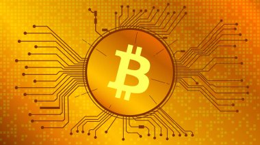 Bitcoin kripto para simgesi, BTC sikke simgesi altın zemin üzerinde pcb ile daire içinde. İnternet sitesi ya da afiş için dijital altın. Vektör EPS10.