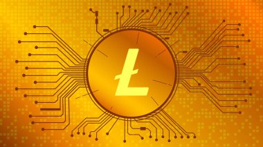 Litecoin kripto para birimi simgesi, LTC sikke simgesi altın zemin üzerinde pcb ile daire içinde. İnternet sitesi ya da afiş için dijital altın. Vektör EPS10.