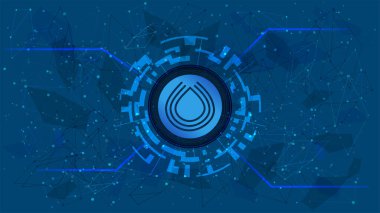 Mavi zemin üzerinde kripto para birimi temalı dijital bir dairede DeFi projesinin serum SRM sembol sembolü. Kripto para birimi simgesi. Merkezi olmayan finans programları. Uzayı kopyala Vektör EPS10.