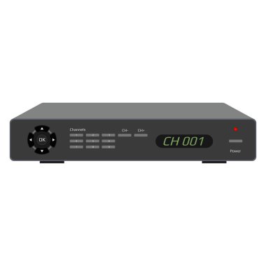 Ekran, USB portları ve kontrol düğmeleri olan gerçekçi uydu alıcısı. TV kontrol cihazı beyaza izole edildi. Vektör EPS 10.