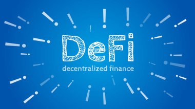 Defi - açık mavi arkaplan üzerinde ünlem işaretleri ile merkezi olmayan finans. Vektör EPS10.