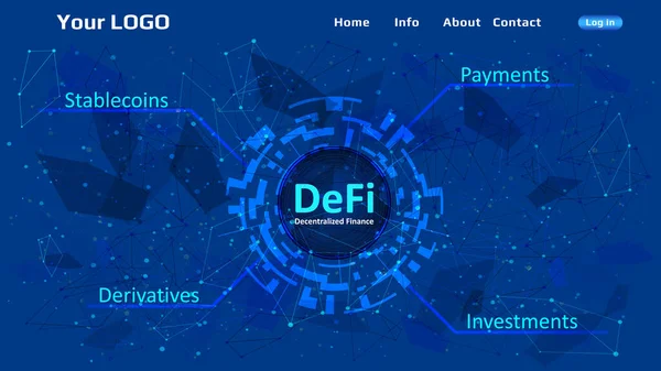 Defi - mavi soyut çokgen arka plan üzerinde merkezi olmayan finans web sitesi şablonu. Web sitesi başlık düzeni. Finansal uygulamaların ve hizmetlerin ekosistemi. Vektör EPS10.