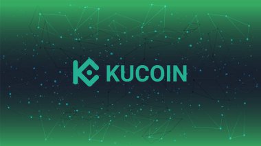 Soyut dijital arka planda logosu olan Kucoin kripto borsa adı. Haberler ve medya için kripto borsası. Vektör EPS10.