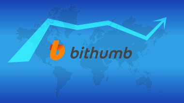 Bithumb şifreleme borsa adı ve soyut dijital arkaplan logosu. Haberler ve medya için kripto borsası. Vektör EPS10.