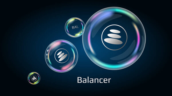 Balancer BAL token symbol in soap bubble, coin DeFi project decentralized finance. The financial pyramid will burst soon and destroyed. Vector EPS10.