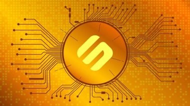 Altın zemin üzerinde PCB parçaları ile DeFi projesinin SXP kripto para birimi simgesini daire içine al. Para birimi cüzdanı simgesi. Merkezi olmayan finans programları. Vektör EPS10.