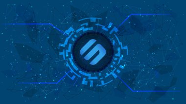 DeFi projesinin simgesini mavi arkaplanda kripto para temalı dijital bir dairede kaydır. Kripto para cüzdanı simgesi. Merkezi olmayan finans programları. Uzayı kopyala Vektör EPS10.