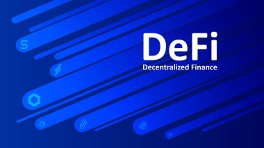 DeFi, mavi arka planda merkezi olmayan finans. Bozuk para sembollü uçan meteorlar. Vektör 10.