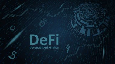 Soyut dijital karanlık arka planda, para ve para sembolleri ile merkeziyetçilikten uzaklaşmış finansı tanımla. Kamu engelleme zincirlerine dayalı finansal uygulamalar ve hizmetlerin ekosistemi. Vektör EPS 10.