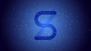 Mavi çokgen zemin üzerinde DeFi projesi kripto para birimi temasının Synthetix Network Token SNX sembolü. Kripto para birimi logosu simgesi. Merkezi olmayan finans programları. Vektör EPS10.