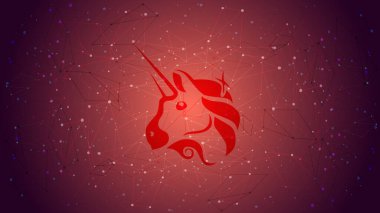 UniSwap UNI DeFi projesi kripto para birimi temasının mavi çokgen arkaplan üzerindeki sembol sembolü. Kripto para birimi logosu simgesi. Merkezi olmayan finans programları. Vektör EPS10.