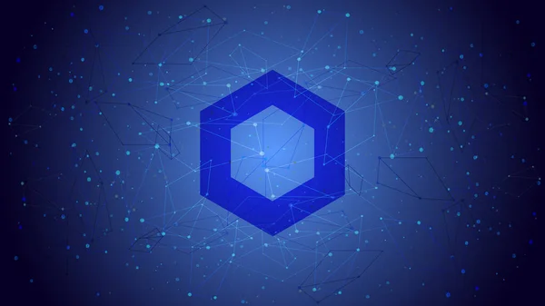 Mavi çokgen arka planda DeFi projesinin kripto para birimi temasının ChainLink LINK simgesi. Kripto para birimi logosu simgesi. Merkezi olmayan finans programları. Vektör EPS10.