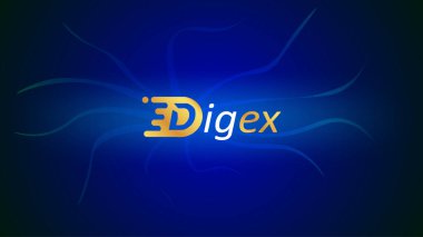 Mavi arka planda logosu olan Digex kripto döviz piyasası adı. Haberler ve medya için kripto borsası. Vektör EPS10.