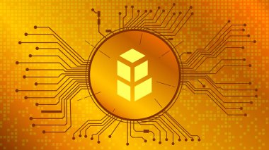 Bancor Network Token BNT şifreli para birimi sembolü DeFi projesinin altın zemin üzerinde PCB izleri ile daire içinde. Para birimi cüzdanı simgesi. Merkezi olmayan finans programları. Vektör EPS10.