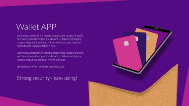 E-cüzdan mobil uygulama. Tüm kredi kartları akıllı telefondaki mobil elektronik cüzdanda. Bir web sitesi ya da afiş şablonu. Vektör EPS10.
