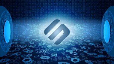 Işık ışınlarında parlayan DeFi sisteminin SXP sembol kaydır. Kripto para birimi logosu simgesi. Merkezi olmayan finans programları. Vektör EPS10.