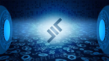 Işık ışınlarında parlayan DeFi sisteminin LEND sembolü. Kripto para birimi logosu simgesi. Merkezi olmayan finans programları. Vektör EPS10.