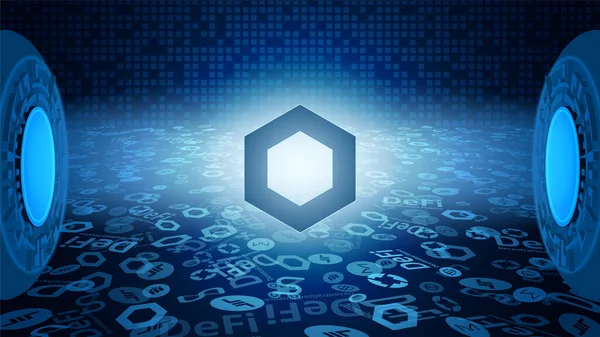 ChainlLink LINK DeFi sisteminin ışık ışınlarında parlayan sembolü. Kripto para birimi logosu simgesi. Merkezi olmayan finans programları. Vektör EPS10.