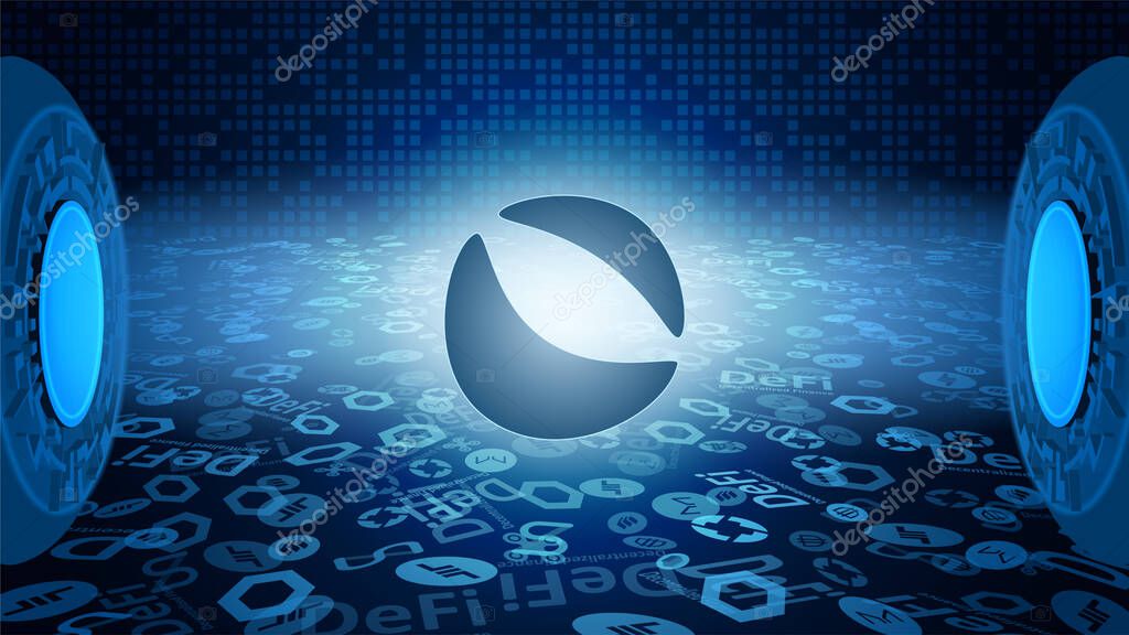 Terra LUNA token symbol of the DeFi system shining in the rays of light. Cryptocurrency logo icon. Decentralized finance programs. Vector EPS10.