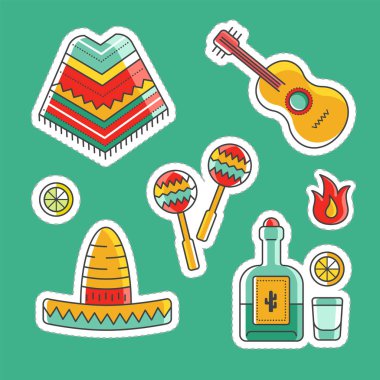 Vektör çıkartma illüstrasyon paketi koleksiyonu. Ülkenin, ulusal kültürün renkli Meksika sembolleri. Meksika seyahatgeleneksel işaretler.