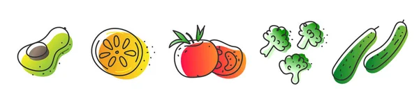 Sbírka Lineárně Kreslené Šťavnaté Zeleniny Ovoce Barva Gradientu Pro Ekologickou — Stockový vektor