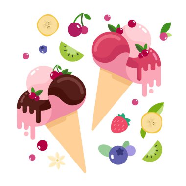 Şurup damla, yaprak, meyve ve çilek ile süslenmiş erime topları ile dondurma konileri basit düz stil vektör illüstrasyon Koleksiyonu. Uzak tatlar ile sevimli dondurma