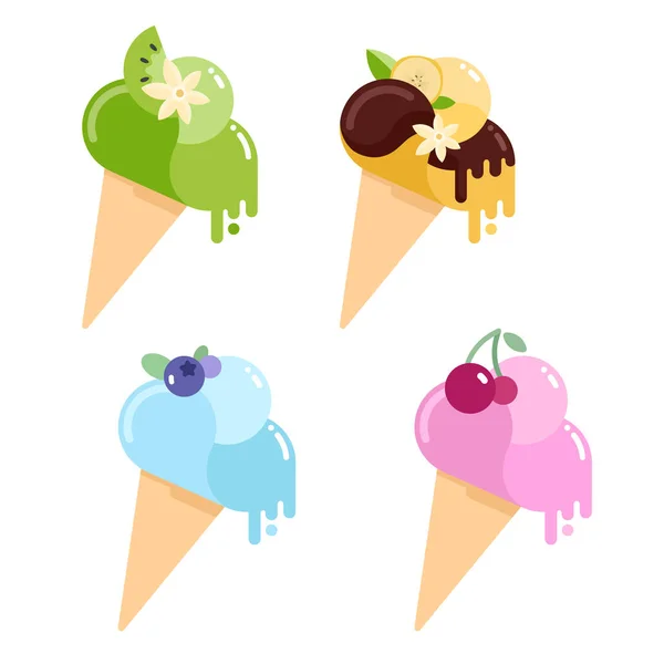 Collection Simple Flat Style Vector Illustration Ice Cream Cones Melting — Stock Vector